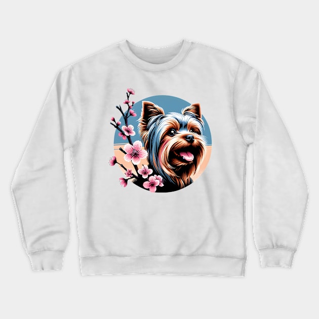 Yorkshire Terrier Enjoys Spring Amid Cherry Blossoms Crewneck Sweatshirt by ArtRUs